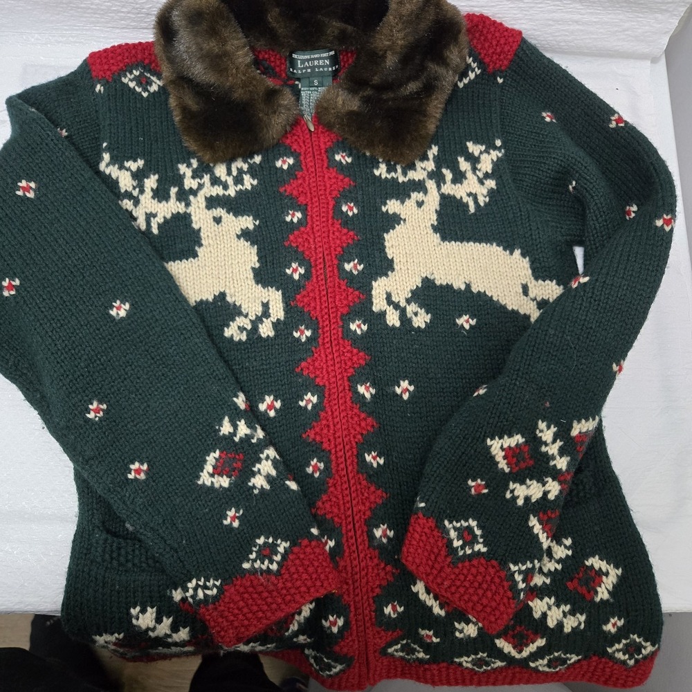 Vintage Ralph Lauren Hand Knit Wool Fur Collar Reindeer Christmas Sweater zipup
